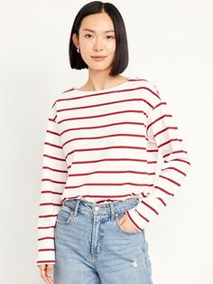 White Striped Shirt Outfit, Outfits With Striped Shirts, Boat Neck Shirt, White Stripes Shirt, Night Suit, Long Sleeve Tops Casual, Old Navy Women, Red And White Stripes, Summer 2024