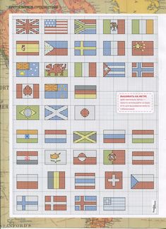 a cross stitch pattern with many different flags on the front and back of each piece