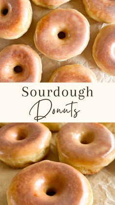 doughnuts on parchment paper with the words sourdough donuts above them