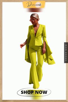 Lapel Irregular Large Swing Sleeve Blazer+flared Pants Work Set Stretch Wide Leg Pants With Flared Hem For Spring, Spring Stretch Wide Leg Pants With Flared Hem, Stretch Pantsuit For Spring Parties, Chic Flare Sets For Party, Chic Flared Party Sets, Fall Party Sets With Wide Leg, Spring Non-stretch Flared Hem Pants, Chic Spring Flare Trousers, Chic Spring Flares Trousers