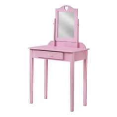 a pink dressing table with a mirror and stool on it's legs, in front of a white background