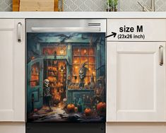 an image of a kitchen scene with skeletons and pumpkins