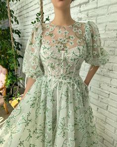 Mint Camelia Puff Sleeve Dress - Teuta Matoshi Extra Heels, Gown With Pockets, Embroidery Tulle, Flora Dress, Floral Prom Dresses, Green Embroidery, Normal Delivery, Flair Dress, Wedding Dresses With Flowers