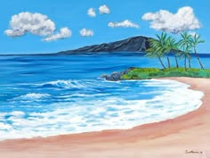 an acrylic painting of a beach with palm trees and mountains in the background