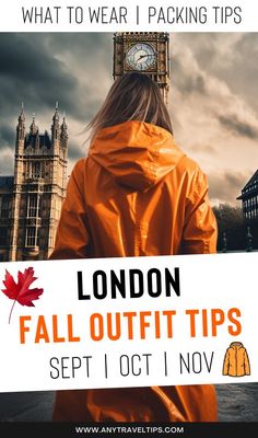 a woman in an orange raincoat with the words london fall out tips on it