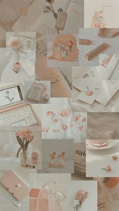 a collage of pink and white images with flowers, cards, laptops, pens and other items