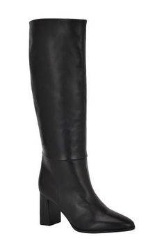 Pull together your look with the clean, sophisticated style of a knee-high boot shaped from smooth leather and grounded by a block heel. 3" heel 15" shaft; 14 1/2" calf circumference Inset side-zip closure Leather upper/textile and synthetic lining/synthetic sole Imported Knee High Black Boots, Black Leather Knee High Boots, Leather Knee High Boots, Black Knee High Boots, Platform Slippers, Knee High Leather Boots, Maternity Shops, Calvin Klein Women, Pointed Toe Shoes