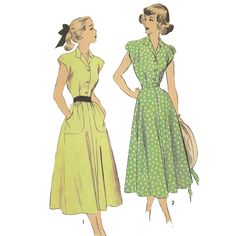 "Whether you feel like a stroll in the park, going out for tea or a night in with friends, this versatile little tea dress with not disappoint. Team with chunky trainers and a leather jacket, throw on your sunglasses and you are a modern Miss - or Mrs! View 1, Dress with pockets has collared neckline and buttoned to front including capped sleeves; Purchased Belt. (2) Dress without pockets and with self-belt. Offered here as: Digital Download (how to print and assemble). This pattern is also avai Night In With Friends, 1950s Sewing Patterns, 1940s Dresses, Couture Vintage, 1940s Fashion, Sewing Notions, Dress With Pockets, Tea Dress, Vintage Sewing Patterns