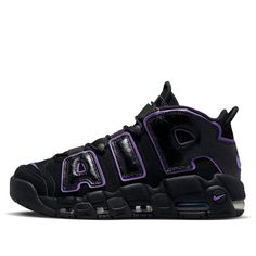 The Nike Air More Uptempo '96 'Black Action Grape' is a classic silhouette with a modern twist. Crafted with black nubuck leather, the sneaker features a low-gloss finish with textured overlays and a purple Nike Swoosh logo. The SoCal series is completed with metallic gold tongue detailing. Inspired by the championship-level colorways of the '90s, this sneaker is perfect for any activity. Get ready to make a statement with the Nike Air More Uptempo '96 'Black Action Grape'. (SNKR/Retro/Men's/Mid Top/Basketball/Wear-resistant) Nike Black High-top Sneakers With Air Cushioning, Leather Custom Sneakers With Air Cushioning For Streetwear, Black High-top Sneakers With Air Cushioning For Light Sports, Leather Basketball Shoes With Air Cushioning For Streetwear, Nike Black Basketball Shoes For Streetwear, Black High-top Sneakers With Air Cushioning For Sports, Black Leather High-top Sneakers With Air Cushioning, Black Leather High-top Sneakers For Light Sports, Nike Urban Black Basketball Shoes