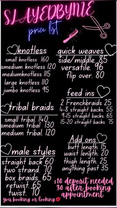 Length Of Braids Chart, Supplies For Braiding Hair, Hair Braider Booking Policy, Prices For Braids, Hair Braiding Business Names Ideas, Braiding Room Set Up, Hairstyles Price List, Hairstyle Names For Women