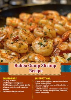 the menu for bubba gump shrimp recipe is shown