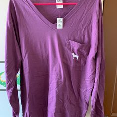 Long Sleeve Brand New Tee Purple Relaxed Fit Casual Top, Pink Long Sleeve T-shirt For Loungewear, Casual Purple V-neck Shirt, Purple Long Sleeve T-shirt For Fall, Lavender Long Sleeve Cotton Top, Lavender Long Sleeve Casual Top, Casual Lavender Long Sleeve Top, Casual Long Sleeve Lavender Shirt, Casual Purple V-neck Top