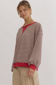 Stripe print round neck long sleeve sweater featuring contrasting trim. Unlined. Knit. Non-sheer. Lightweight. 55% Polyester, 45% Cotton. Spring Brown Sweatshirt With Ribbed Cuffs, Brown Sweatshirt With Ribbed Cuffs For Spring, Brown Crew Neck Sweatshirt For Layering, Brown Crew Neck Sweater For Loungewear, Relaxed Fit Long Sleeve Tops With Striped Cuffs, Brown Long Sleeve Sweater With Ribbed Neckline, Fall Sweater With Striped Hem And Long Sleeves, Long Sleeve Tops With Striped Cuffs And Relaxed Fit, Fall Striped Hem Top For Loungewear