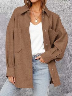 Lasaky - Large Pocket Long Sleeve Jacket with Button Closure, Casual Turn-down Collar Wool Blend Coat Flannel Coat, Pockets Fashion, Wool Coat Women, Coat For Women, Wool Blend Jacket, Long Sleeve Jacket, Wool Blend Coat, Loose Shirts, Sleeve Jacket