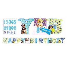 a happy 8th birthday banner with dogs and balloons on the bottom, in front of a white background