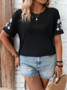 Plus Size Floral Embroidery Short Sleeve T-Shirt Black Casual  Short Sleeve Fabric Floral  Medium Stretch  Women Plus Clothing, size features are:Bust: ,Length: ,Sleeve Length: Embroidered Crew Neck Blouse, Crew Neck Blouse With Floral Embroidery, Black Embroidered Crew Neck Top, Casual Crew Neck Top With Embroidered Sleeves, Black Floral Embroidery Crew Neck T-shirt, Casual Tops With Embroidered Short Sleeves, Casual Top With Embroidered Short Sleeves, Black Short Sleeve Tops With Floral Embroidery, Black Short Sleeve Top With Floral Embroidery