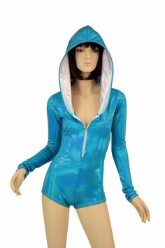 "This item is made to order, please read all the way through the listing before purchasing! This bodysuit is made of lycra spandex in a gorgeous peacock holographic shine. It features a silver aluminium zipper in front. The dazzling hologram sparkles tiny rainbows with every move you make! Long sleeves, full hood, and boy cut legs. Four way stretch for a figure forming fit. This bodysuit is unlined. Hood is lined with flashbulb holographic. Womens Sizing (See below for instructions on where meas Blue Winter Cosplay Hoodie, Blue Hoodie For Winter Cosplay, Blue Winter Hoodie For Cosplay, Blue Fitted Hoodie For Fall, Fitted Blue Hoodie For Fall, Fitted Long Sleeve Blue Hoodie, Blue Long Sleeve Hoodie For Cosplay, Fitted Long Sleeve Hoodie For Cosplay, Hoodie Romper