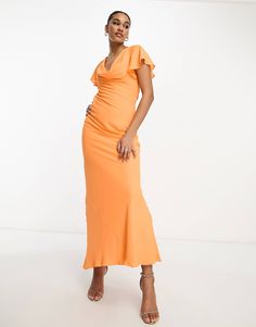 ASOS DESIGN Tall flutter sleeve cowl neck maxi dress in hot orange | ASOS Fitted Ruched Maxi Dress With Flutter Sleeves, Fitted Maxi Dress With Ruched Detail And Flutter Sleeves, Orange Ruched Maxi Length Dress, Orange Maxi Length Ruched Dress, Orange Ruched Maxi Dress, Orange Trends, Cowl Neck Maxi Dress, Hot Orange, Dress Inspo