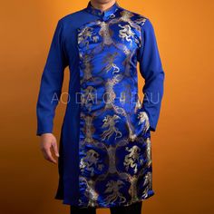 This set includes the Ao Dai only (pants not included). Can be worn with dress pants. Pre-made and available in sizes: SIZE// CHEST (cm WAIST (cm) 44 //82-90 //82-87 46 // 86-95 // 86-91 48 // 92-99 // 92-95 50 // 96-104 // 96-99 52 // 100-107 // 100-103 54 // 104-111 // 104-107 56 // 108-115 // 108-111 58 // 112-120 // 112-115 60 // 116-124 // 116-119 A minimum of 5 ao dai + hat is required for custom-made order. Processing time for custom-made order is approximately 4-10 weeks. Orders placed b Fitted Blue Set For Costume Party, Fitted Blue Sets For Costume Party, Blue Fitted Set For Costume Party, Royal Ceremonial Fitted Sets, Royal Fitted Ceremonial Sets, Royal Long Sleeve Ceremonial Sets, Royal Blue Ceremonial Sets, Men Ao Dai, New Year 2022