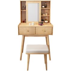 a wooden desk with a mirror, stool and shelf on it's side in front of a white background