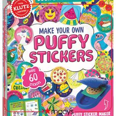 the make your own puffy stickers book is shown in front of a white background