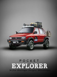 a red pick up truck parked on top of a gray background with the words pocket explorer written below it