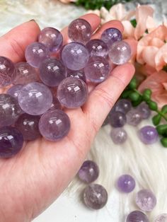 Tiny-Amethyst-Sphere-Crystals Amethyst Meaning, Pretty Crystals, Amethyst Cathedral, Amethyst Sphere, Amethyst Tumbled, Crystal Aesthetic, Crystals Healing Properties, Pretty Rocks, Amethyst Color