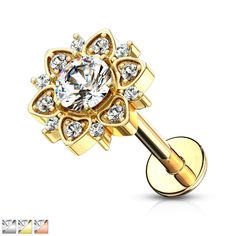 Paved CZ Flower with Round CZ Center Internally Threaded 316L Surgical Steel Flat Back Studs for Labret, Monroe, Ear Cartilage and More Ohrknorpel Piercing, Dermal Piercing Jewelry, Cartilage Jewelry, Bar Jewelry, Belly Jewelry, Body Jewelry Piercing, Stud Style, Tragus Earrings, Cz Jewelry