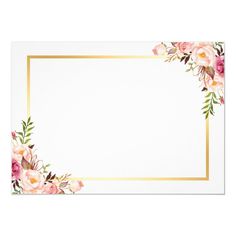 a white card with pink flowers and gold border