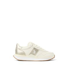 Inspired by ’70s-style running sneakers this pair is elevated with smooth faux suede signature Polo graphics and metallic trim. Metallic Sneakers, 70s Style, Running Sneakers, 70s Fashion, Girls Shoes, Faux Suede, Ralph Lauren, Train, Trim