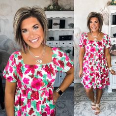 Look bright and beautiful in the Sunshine on Your Face Floral Dress. Complete with a romantic floral print that can be worn on or off-the-shoulder, this dress brings a delicate charm to your wardrobe. The gridded printed design gives this dress a unique touch that you won't find anywhere else. The puff sleeves add a volume and movement to your look while the lined body ensures a comfortable fit. Perfect for any occasion, you'll be dressed to perfection in no time. Self: 100% PolyesterLining: 100 Floral Print Dress With Straight Neckline For Day Out, Square Neck Floral Dress For Day Out, Patterned Floral Midi Dress For Brunch, Square Neck Printed Midi Dress For Garden Party, Feminine Floral Print Dress With Straight Neckline, Printed Midi Dress With Square Neck For Garden Party, Pink Floral Print Dress With Square Neck, Feminine Printed Square Neck Dresses, Feminine Printed Dresses With Square Neck