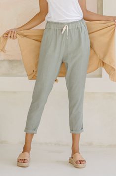 Linen Frankie Pants - Sage Plant Dyed Mid-rise Pants For Everyday Spring Wear, Comfortable Summer Bottoms With Pockets, Comfortable Solid Color Spring Bottoms, Comfortable Spring Pants With Pockets, Effortless Summer Loungewear Bottoms, Effortless Summer Loungewear Pants, Casual Straight Leg Bottoms For Day Out, Casual Mid-rise Summer Pants, Relaxed Bottoms For Spring Day Out