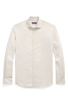 Tailored from crisp cotton, this versatile button-up patterned in a pale tattersall makes a distinctive foundation for any formal or semiformal look. 31" length; 44" chest (size Large) Front button closure Spread collar Long sleeves with button cuffs 100% cotton Dry clean or machine wash; flat dry Made in Italy Designer Clothing Elegant Plaid Long Sleeve Dress Shirt, Elegant Plaid Shirt For Business Casual, Elegant Long Sleeve Plaid Dress Shirt, Formal Plaid Shirt For Fall, Elegant Plaid Formal Shirt, Elegant Formal Plaid Shirt, Elegant Plaid Cotton Tops, Classic Beige Business Shirt, Beige Classic Business Shirt