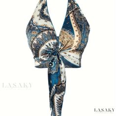 Lasaky - Chic and Stylish Womens Western Paisley Color Block Halter Top - Sleek Sleeveless Design with Open Back and Tie Front - Perfect Addition to any Fashionable Wardrobe Skz Outfits, Latest Tops For Women, Western Paisley, Fashion Design Classes, Paisley Color, Belly Shirts, Malachite Green, Backless Crop Top, Mandala Print