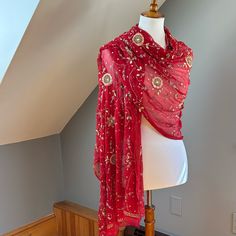 Covered In A Garden Of Gold And Jeweled Flowers, This Vintage Wrap Is Flowy, Sparkly, True Red, And Feels Magnificent On! The Mid-Weight Sheer Silk Has A Wonderful Drape To It, So Graceful And Feminine, But The Color Evokes The Fire Within. Perfect For Date Night, Event, Or Party, This Shawl Will Bring The Shine! Covered In Boho Flower Embroidery And Hand Beading, This Started Life In India As A Bridal Dupatta. In Excellent Vintage Condition With Light Patina, Its Ready For Its Second Life In Th Jeweled Flowers, Bridal Dupatta, The New World, Silk Wrap, True Red, Time Period, Red Silk, Flower Embroidery, Silk Chiffon