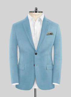 Give yourself a modish look with our Marco Stretch Pastel Blue Wool Suit. Meticulously fashioned from a wool blend, it boasts a delightful amount of stretch for that added touch of freedom. The pastel blue hue with a solid pattern offers a refreshing twist without veering into overly bold territory. Whether you're turning heads at a social gathering or aiming to infuse a dash of personality into your everyday style, this suit effortlessly takes center stage as your go-to chic upgrade.   Look Inc Fitted Solid Suits For Fall, Tailored Long Sleeve Solid Color Suit, Solid Fitted Suits For Fall, Light Blue Notch Lapel Blazer For Business Casual, Fitted Casual Suits For Business Casual, Fitted Casual Suits For Business Casual Occasions, Light Blue Notch Lapel Suits For Work, Light Blue Fitted Suit With Notch Lapel, Slim Fit Wool Suits With Long Sleeves