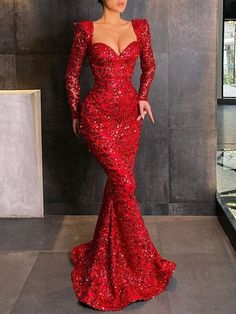 Red Sequin Dress Long, Glitz And Glam Outfit Ideas, Red Sequin Prom Dress, Prom Dress Long Sleeve, Sequin Prom Dresses Long, Red Mermaid Prom Dress, Dinner Gowns, Sparkly Prom Dress, Long Sequin Dress