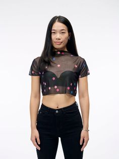 The Star Confetti Crop Top | Sheer Mesh Shirt in Black with Pink and P Fitted Star Print Top For Night Out, Fitted Star Print Tops For A Night Out, Fitted Star Print Summer Tops, Fitted Star Print Tops For Summer, Trendy Fitted Tops With Star Print, Summer Black Mesh Crop Top, Sheer Mesh Top Y2k Summer Style, Black Mesh Crop Top For Summer, Sheer Mesh Top, Y2k Style For Summer