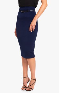 The classic pencil skirt made of our finely woven, stretch gabardine. Style features detailed yoke with a 3/8" genuine leather belt that sits at your natural waist. Skirt has center back invisible zipper, with hook and eye closure. Falls 29" from natural waist. Self: 62% Polyamide, 32% Viscose, 6% Elastane. Lining: 95% Polyester, 5% Elastane. Dry Clean Only. Made in USA of Imported Materials. 29 inches From Natural Waist Genuine Leather Belt Center Back Hidden Zipper Fully Lined Tailored Pencil