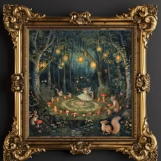 a painting with animals and lights in the forest