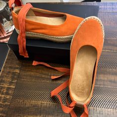 The Shoes Are Brand New And Have Never Been Worn. They Have A Beautiful Color Orange. It Is Not Too Blinky. These Shoes Are Made Out Of Suede Leather And Have A Rubber Sole. The Inside Sole Is Nice And Soft For Extra Cushion. Casual Platform Flats For Spring, Suede Lace-up Flats For Spring, Orange Slip-on Flats For Spring, Casual Ankle Strap Flats With Cushioned Footbed, Slip-on Suede Flats For Summer, Summer Slip-on Suede Flats, Ankle-high Suede Sandals For Summer, Casual Espadrilles With Textured Sole And Ankle Strap, Casual Lace-up Espadrilles With Removable Insole