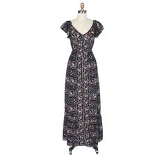 Printed Woven Maxi Dress V-Neckline Flounce Sleeves Smocked Back Cinched Elasticized Waist Ruffle Hem 100% Rayon Brand New With Tags Bohemian V-neck Dress With Smocked Back, Bohemian V-neck Dress With Smocked Bodice, Black Boho Print V-neck Dress, V-neck Sundress With Smocked Bodice, Black V-neck Dress With Smocked Back, Bohemian V-neck Lined Maxi Dress, Black Bohemian Maxi Dress With Smocked Back, Casual Black Maxi Dress With Boho Print, Casual Black Dresses With Boho Print