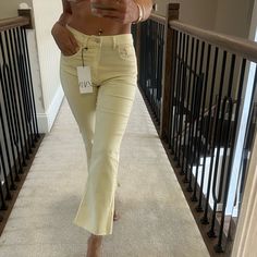 Stretchy Soft Jeans! Color Is Pale Yellow Brand New Sooo Cute Ships Same Day Yellow Jeans Outfit, White Denim Romper, Cute Ships, Zara Pink Dress, Pastel Pants, Army Cargo Pants, Yellow Jeans, Hem Leggings, Cropped Flare Pants