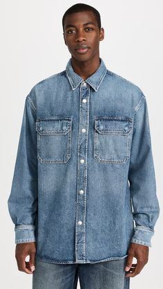 AGOLDE Camryn Shirt | Shopbop Relaxed Fit Medium Wash Shacket With Pockets, Medium Wash Long Sleeve Shacket With Pockets, Fall Shacket With Patch Pockets In Medium Wash, Denim Button-up Shacket With Button Closure, Denim Button-up Shacket, Utility Denim Shacket With Flap Pockets, Washed Blue Long Sleeve Outerwear With Flap Pockets, Denim Shacket With Relaxed Fit And Pockets, Medium Wash Cotton Shacket With Pockets