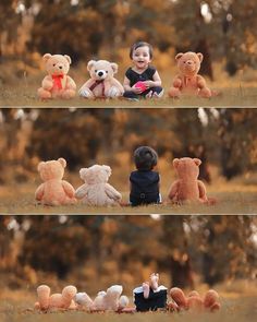 two little boys are sitting in the grass with their teddy bears and one boy is raising his hand