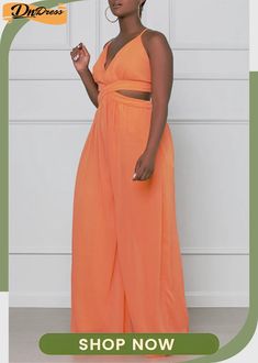 Orange Sexy Casual Solid Backless V Neck Regular Jumpsuits Fashion Games, Jumpsuit, V Neck, Orange, Free Shipping