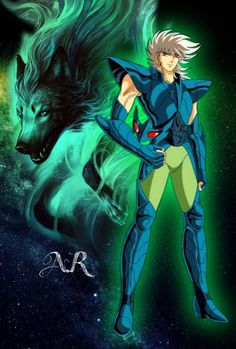 an anime character standing in front of a wolf with green and blue colors on it