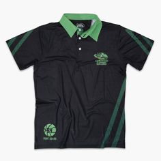 a polo shirt with green and black stripes on the front, featuring an alligator logo