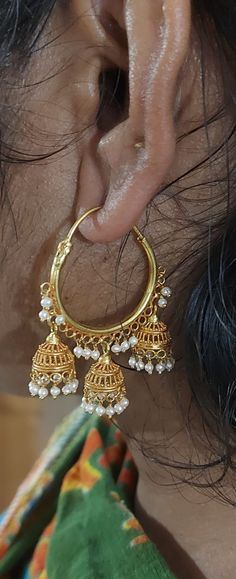 22 karat gold hoop earrings (ear bali) with pearls
  jhumka width : 0.35 inches - 235-GER9671 - in 14.600 Grams for USD $1,705.90 USD. 
Made in India by Totaram Jewelers Online this product is in Gold - 22 Karat BIS Hallmark 916 Gold  & is an excellent gift for Adult - Women. Ships fully insured with secured guaranteed delivery for free with your order over $250 from New Jersey USA & comes with 30 days exchange policy. Hoop Temple Jewelry Earrings, Temple Jewelry Style Round Danglers For Anniversary, Temple Jewelry Round Danglers For Anniversary, Round Temple Jewelry Danglers For Anniversary, Temple Jewelry Danglers For Anniversary, Traditional Hoop Danglers For Festivals, Small Hoop Nose Rings For Wedding, Gold Chandbali Nose Rings In Temple Jewelry Style, Hoop Jhumkas For Festivals