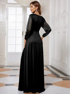 Stunning V-Neck Long Sleeve Wedding Guest Dresses Long Sleeve Evening Dress, Sequin Evening Dress, Sequin Evening Dresses, Long Sleeve Evening Dresses, Long Sleeve Sequin, Long Sleeve Wedding, Long Puff Sleeves, Guest Dresses, Special Occasion Dresses